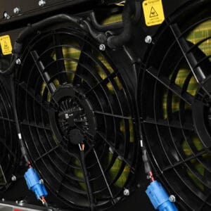 Close up of Grayson Thermal System's Vehicle Thermal Management System's fans in black