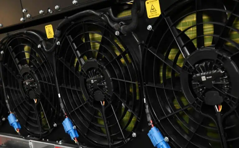 Close up of Grayson Thermal System's Vehicle Thermal Management System's fans in black