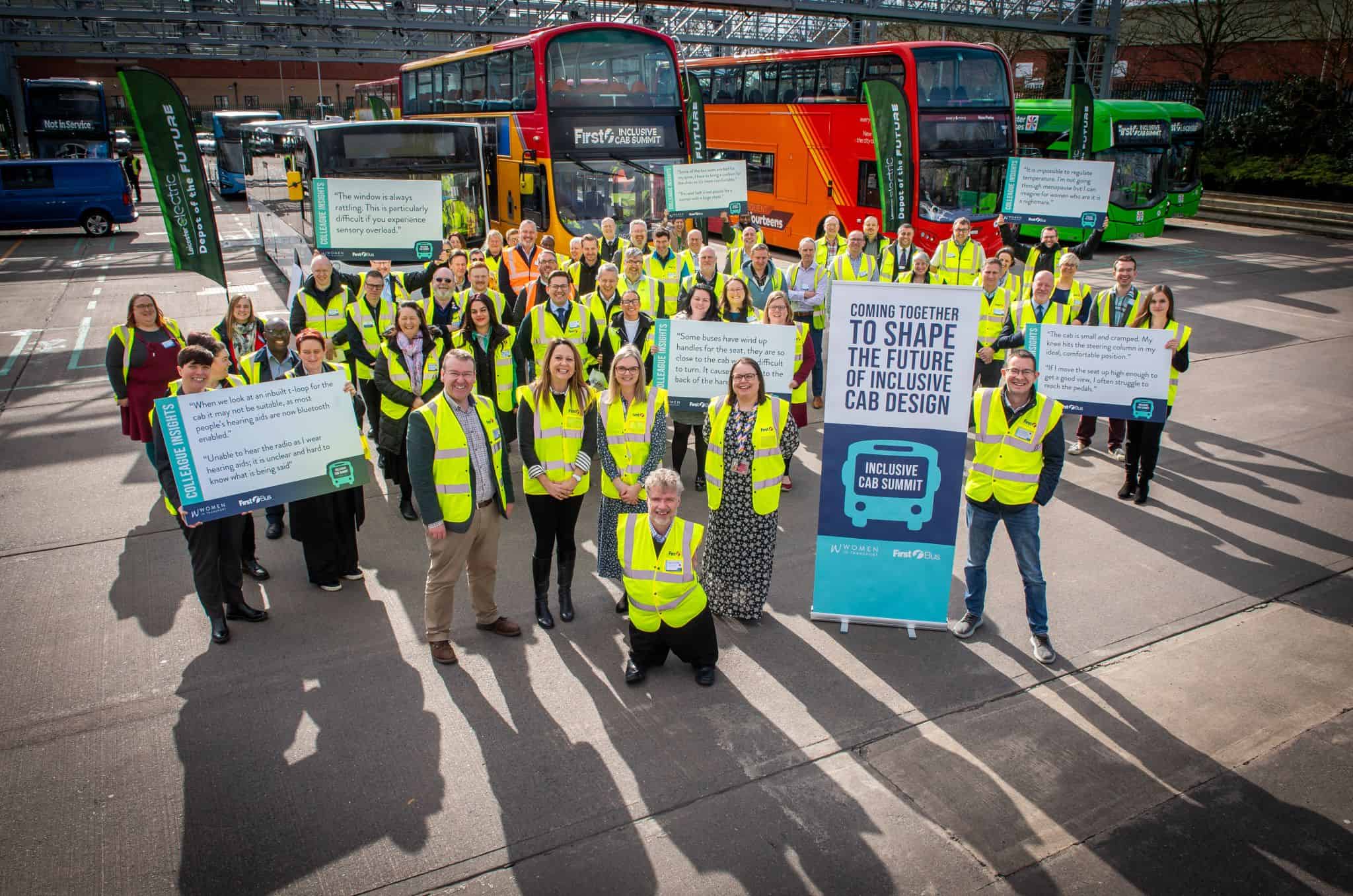 Grayson Thermal Systems' Alex Bagnall and Steve Robinson with other attendees at First Bus Leicester for Inclusive Cab Summit